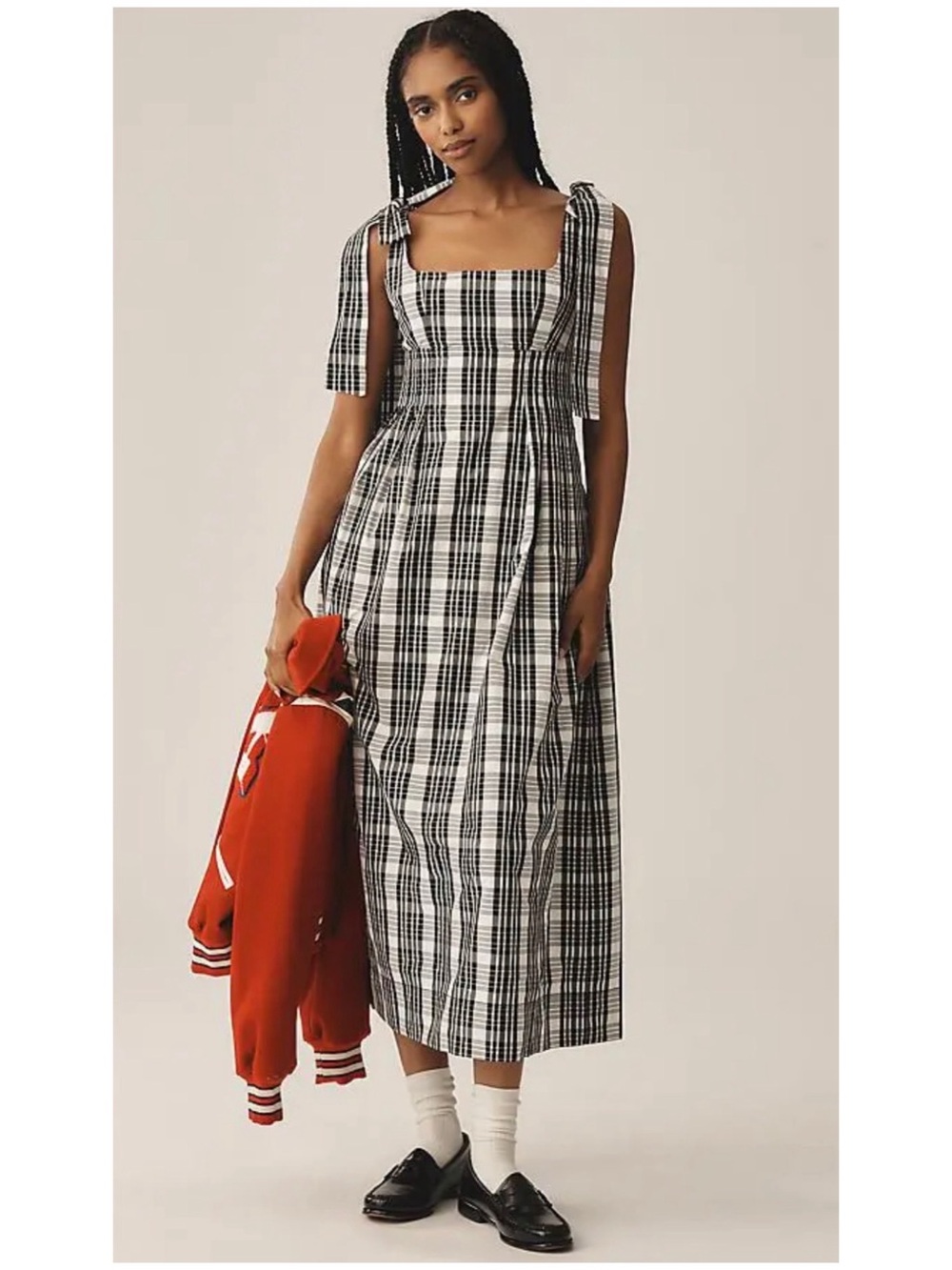 Anthropologie Maeve Women’s Sz S Square Neck Dress Black White Gingham Midi